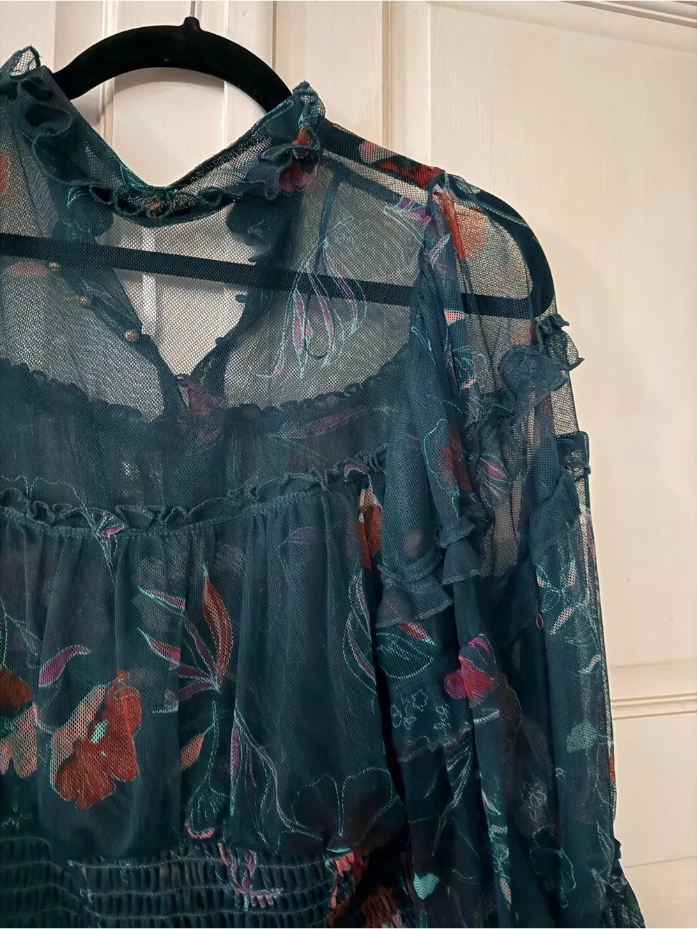Free People Sheer Floral Dark Teal Long-Sleeve Blouse